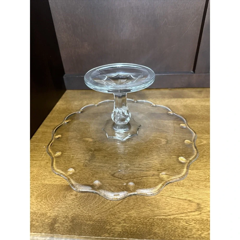 Indiana Glass Pedestal Cake Pastry Stand Teardrop Clear Scalloped Edges Plate